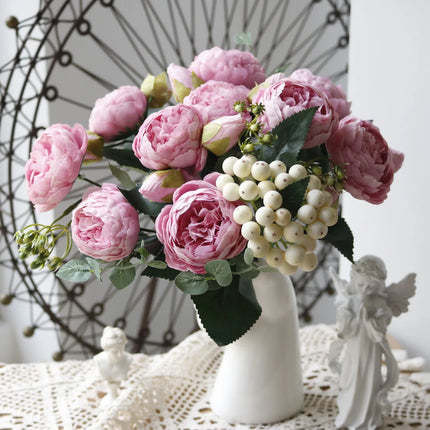 30cm Rose Pink Silk Peony Artificial Flowers Bouquet 5 Big Head and 4