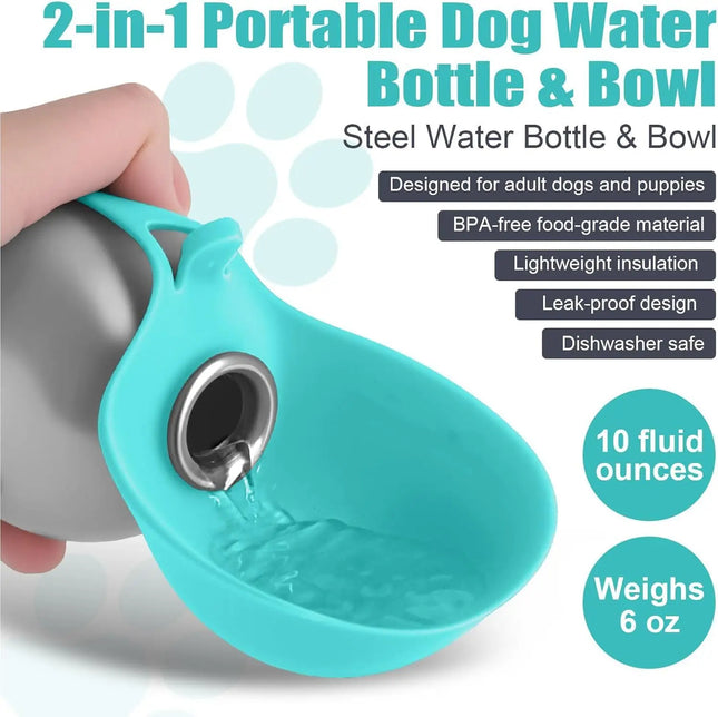 AOFANPET Dogs Drinking Bottle with Silicone Bowl, 285ml Stainless Steel Leak-Proof Dog Drinking Bottle for Cats and Dogs, Walks and Hikes - Pink