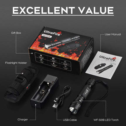 Ultrafire Wf-501B Tactical Flashlight With Holster - 1000Lm