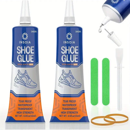 Shoe Glue Sole Repair Kit, 0.51oz x2 Heavy Duty Shoe Adhesive, Waterproof, Flexible, Clear- Drying for Sneakers, Boots, Leather, Rubber,