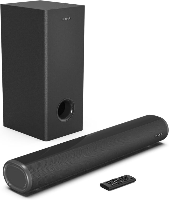 2.1 Sound Bar With Subwoofer For Tv, Deep Bass Small Soundbar Tv Speaker Home Theater Surround Sound System, Hdmi/Bluetooth/Optic