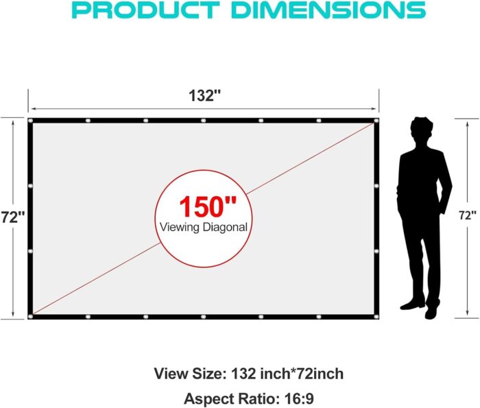 Aajk Outdoor Projection Screen 150 Inch, Washable Projector Screen 16:9 Foldable AntiCrease Portable Projector Movies Screen - Image 5