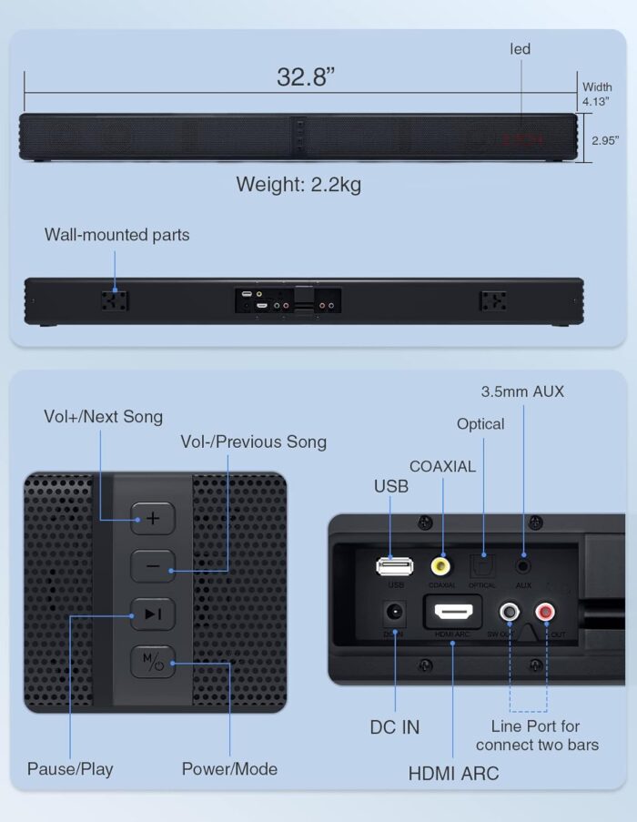 2 In 1 Separable Sound Bars For Tv, 2.2 Channel 32Inch Bluetooth 5.0 Tv Speaker For Surround Sound System, BuiltIn Dual Subwoofer - Image 8