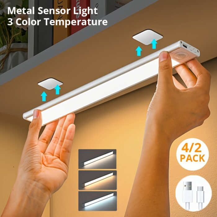 [Motion Sensor Lights] 4/2pcs Motion Sensor Under Cabinet Lights | Wireless USB Rechargeable, 3 Color Temperatures, Indoor Closet Lights, Stick-On Magnetic Under-Counter Light Fixtures | For Kitchen Cabinet Wardrobe Cupboard Stairs, Available In 2pcs - Image 2