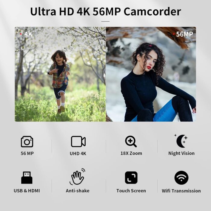 4K Video Camera Camcorder With Microphone, 56Mp 18X Digital Zoom 3.0 Ips Touch Screen Handheld Digital Camcorder, 270° Rotation - Image 2