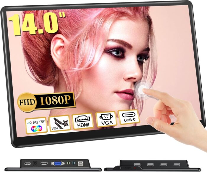 14 Touchscreen Monitor, UsbC+Hdmi+Vga Fhd 1920X1080 Ips Hdr 100 Srgb 60Hz 10Point Touch Display With Speakers And Vesa For Laptop