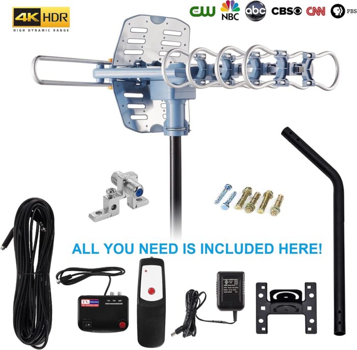 150 Miles Range Amplified Digital Outdoor Tv Antenna With Mount Pole 4K/1080P High Reception/ 60Feet Rg6 Coaxial Cable/Support - Image 2