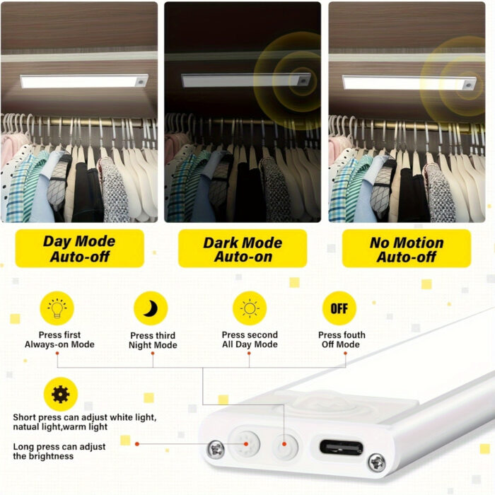 [Motion Sensor Lights] 4/2pcs Motion Sensor Under Cabinet Lights | Wireless USB Rechargeable, 3 Color Temperatures, Indoor Closet Lights, Stick-On Magnetic Under-Counter Light Fixtures | For Kitchen Cabinet Wardrobe Cupboard Stairs, Available In 2pcs - Image 11