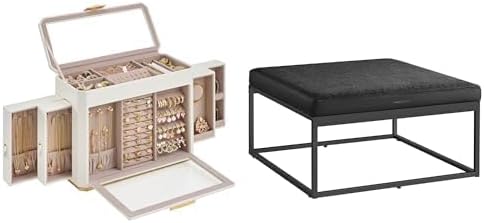 SONGMICS HOME Large Jewelry Box, Ottoman, Square Coffee Table, Footstool, Reversible Top, Padded Seat, UJBC203W01 and ULOM077B01