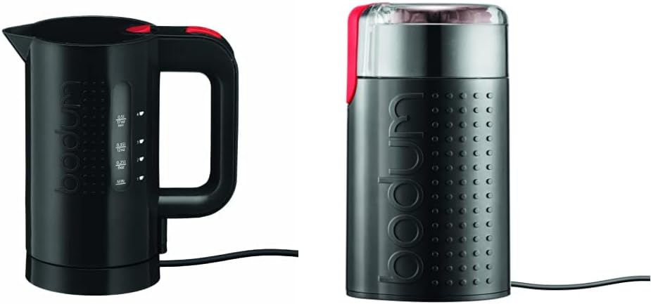Bodum Bistro Electric Water Kettle, Plastic, 17 Ounce, .5 Liter, Black and Bodum BISTRO Blade Grinder, Electric Blade Coffee Grinder, Black, 3-ounce Bundle