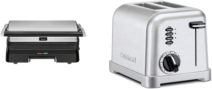 Cuisinart GR-11 Griddler 3-in-1 Grill and Panini Press, Silver & CPT-160 Metal Classic 2-Slice Toaster, Brushed Stainless