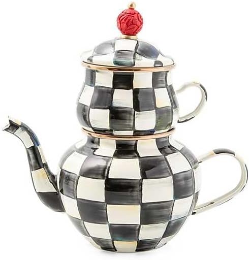 MACKENZIE-CHILDS Enamel High-Tea Teapot, Cup, and Lid, Cute Teapot and Teacup Combo, Gray-and-White Sterling Check