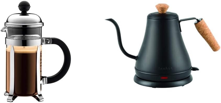 Bodum Chambord French Press Coffee and Tea Maker, 12 Ounce, Chrome & 11883-259US Melior Gooseneck Electric Water Kettle, 27 Ounce, Matte Black