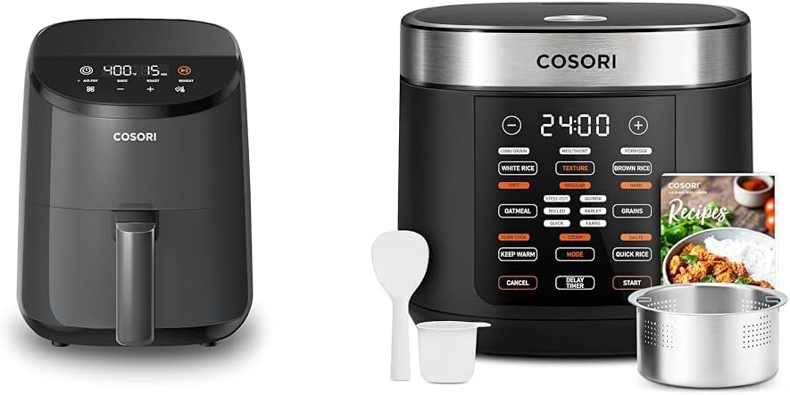Cosori Mini Air Fryer & Rice Cooker Combo, 2.1 Qt, 4-in-1 Airfryer, Bake, Roast, Reheat, 18 Functions Multi Cooker, Stainless Steel, Quietest Operation