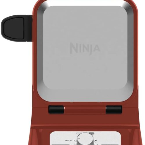 Ninja BW1001 NeverStick PRO Belgian Waffle Maker, Vertical Design, 5 Shade Settings, Precision-Pour Cup NOT Included* (Renewed) (Red)