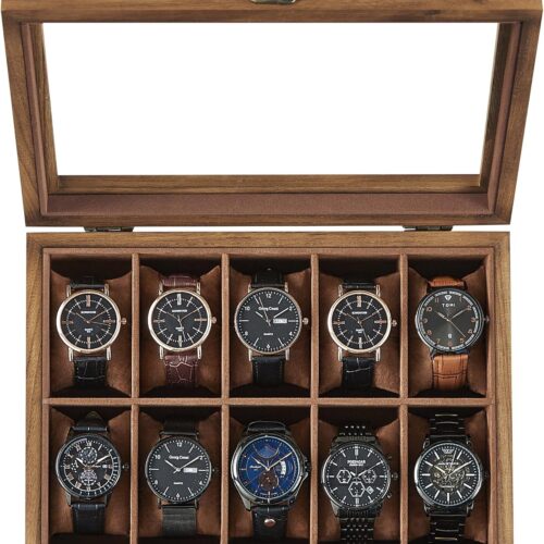 SONGMICS Watch Box, 12-Slot Solid Wood Watch Case Organizer with Glass Lid, Display Case with Removable Pillows, Gift for Loved Ones, Rustic Walnut UJOW120K01