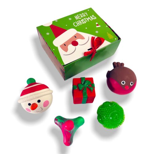 Dog Christmas Toys Holiday 5 Pcs Gift Set Bundle– Dog Chew Toys Dog Christmas Latex Dog Squeaky Toys, Dog Ball And Rubber Jack High Bounce Agility Training Toy