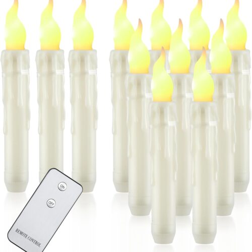 12 Pcs Flameless Taper Candles with Remote Control, Battery Operated Hanging Floating Candles, LED Warm Light Realistic Candles Flickering for Wedding Halloween Christmas Themed Party Decorations