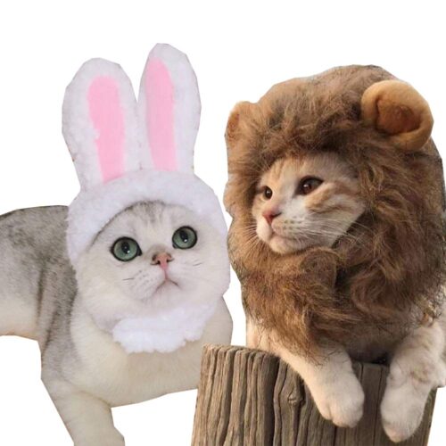 2 Pack Lion Mane Wig Costume For Cat Costume Bunny Rabbit Hat Headwear With Ears Pet Cosplay Dress Up Halloween Party Costume Accessories For Cats & Small Dogs
