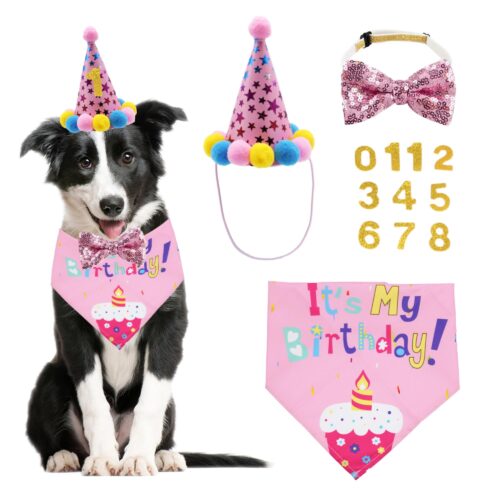 Adoggygo Dog Birthday Bandana Scarf And Dog Girl Boy Birthday Party Hat With Cute Dog Bow Tie For Medium Large Dog Pet (Large, Pink)