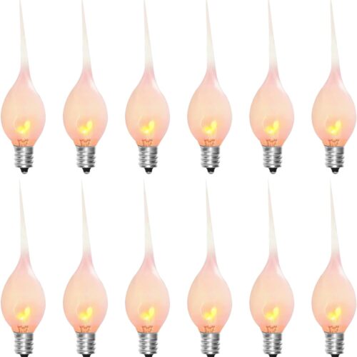 12 Pack Christmas Flicker Flame Silicone Candle Lights Bulbs, C7 Clear Silicone Flickering Decorative Light Replacement Bulbs for Electric Candle Lamps, Chandelier, E12 Candelabra Base, 1Watt