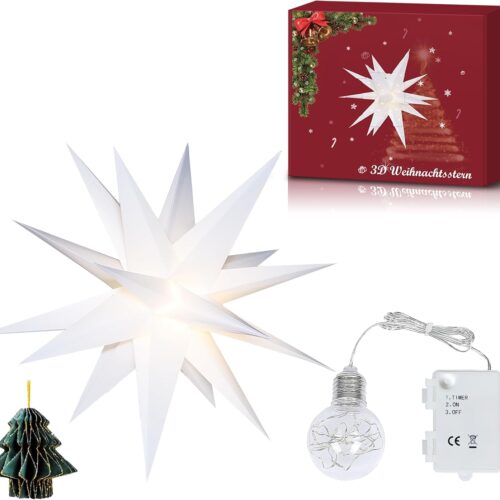 23" 3D Moravian Star Tree Topper - LED 3D Christmas Tree Topper Lamp with Timer Function, Moravian Lighted Star Used to Decorate Christmas Trees, Balconies, Courtyards, Porch(White)