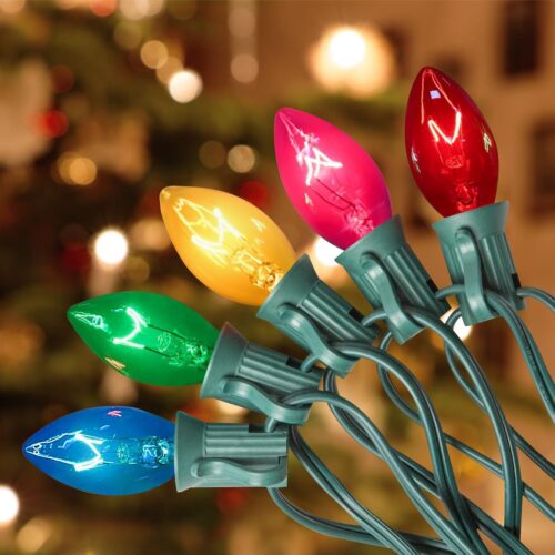 20 Ft Multicolor Christmas Lights Outdoor, C7 Christmas String Lights with 22 Clear Colorful Bulbs (2 Spare), Vintage Colorful String Lights for Garden Wedding Christmas Party Decorations, Green Wire