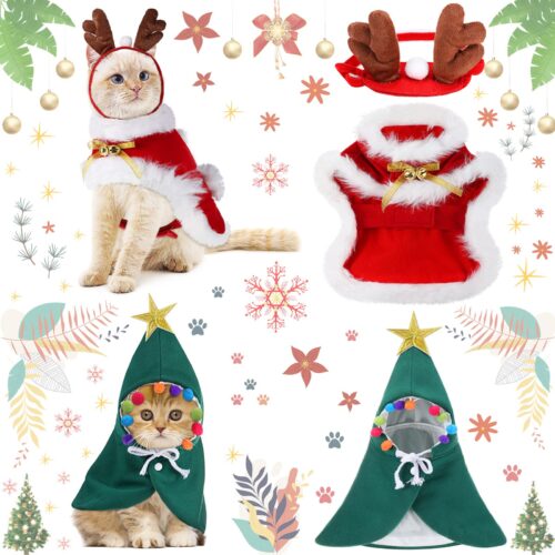 3 Pieces Christmas Pet Costumes Outfit Set Includes Puppy Cat Cloak With Star And Pompoms Kitten Dog Antlers Headband Pet Reindeer Headwear Cat Santa Cape With Bell Pet Costume Accessories (Large)