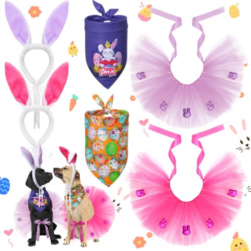 6 Pcs Dog Easter Costumes Set Include Dog Bunny Ears Dog Tutu Cute Dog Bandana Handcrafted Tutu Dog Costume For Easter Hunt Party Supplies Medium Large Dogs Cats Puppy Party Accessory
