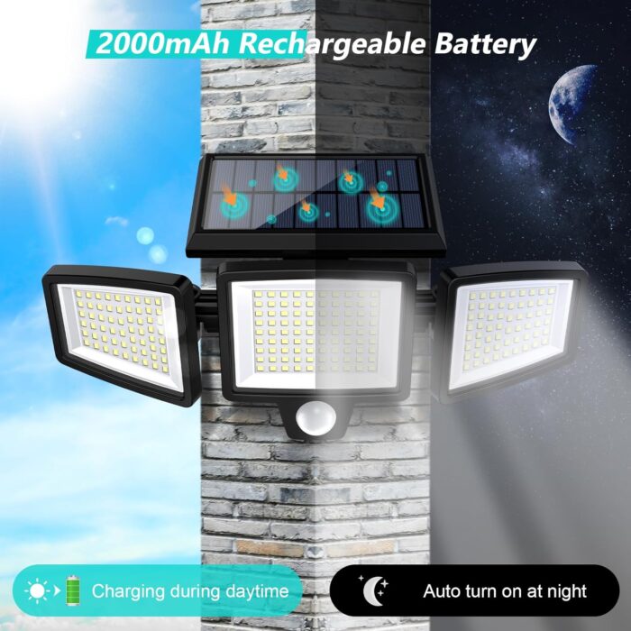 Tuffenough Solar Outdoor Lights 2500LM 210 LED Security Lights with Remote Control,3 Heads Motion Sensor Lights, IP65 Waterproof,270° Wide Angle Flood Wall Lights with 3 Modes (1 Pack) - Image 4