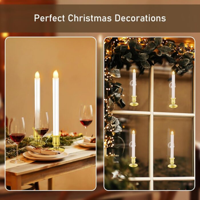 12 Pack Christmas Window Candles, Battery Operated Window Candles with Timer Remote, LED Window Candles with Candle Holders Suction Cups, Flickering Candles for Christmas Decorations, Gold - Image 7