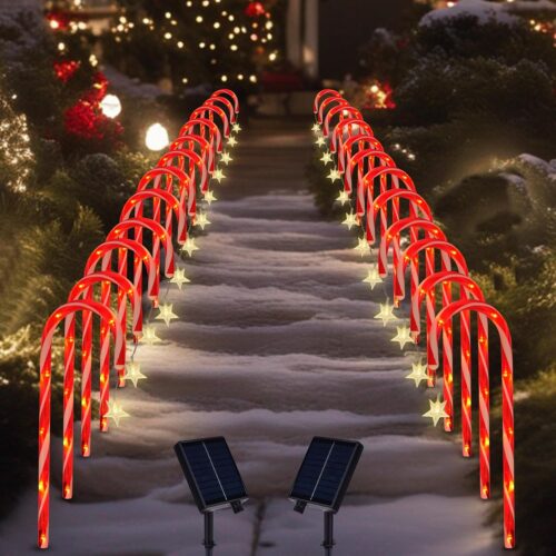 24 Pack Christmas Pathway Lights Outdoor Decorations, 8 Modes Solar Candy Cane Lights with Star, Outdoor Christmas Waterproof Stake Lights for Walkway, Yard, Porch, Garden Decor (2 x 12 Pack)