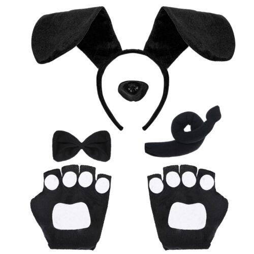 5 Pieces Puppy Dog Costume Set,Animal Costume Accessories Dog Ears Headband Bow Tie Tail Fake Nose Puppy Paw Gloves Dog Fancy Dress Halloween Cosplay Party