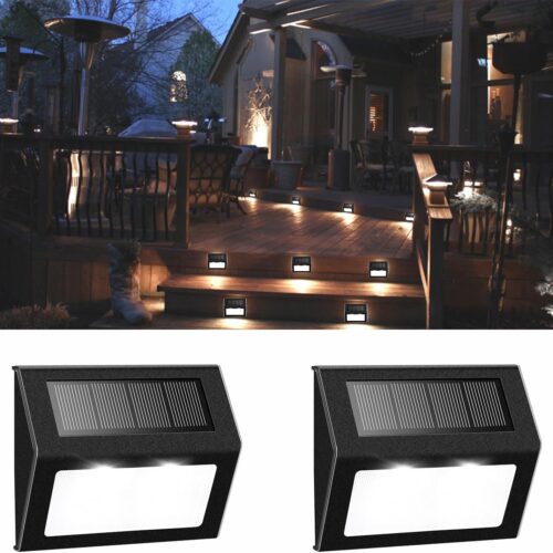 Solar Fence Lights Outdoor, Waterproof Deck Pathway Yard Lamp, Stainless Steel, 2 Pack, Black Metal case, White Light
