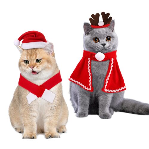 4Pcs Pet Christmas Costume Set, Adjustable Pet Christmas Clothes Cat Christmas Outfit Antler Headband Hat Scarf Cloak For Kitten Dogs Cosplay Christmas Party Supplies