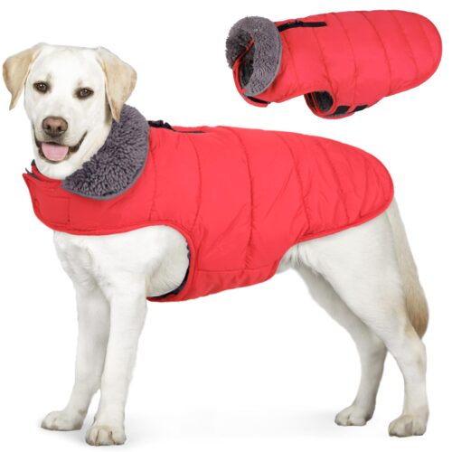 Aofitee Dog Coat, Winter Dog Jacket Windproof Fleece Cold Weather Coats For Dogs, Warm Dog Winter Vest With Collar & Zipper Leash Hole, Outdoor Pet Apparel For Small Medium Large Dogs, Red Xs