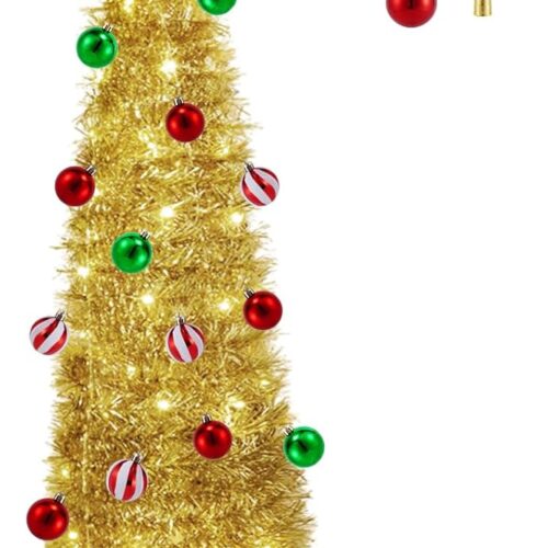 [ 4 Lighting Modes & Timer ] 5 Ft Pop Up Christmas Pencil Tree with 25 Ball Ornaments, Tinsel Christmas Tree with 60 Warm White & Multi Color Change Lights for Home Holiday Indoor Decorations (Gold)