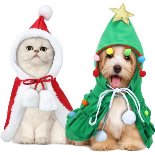 2 Pcs Pet Christmas Costume, Dog Cat Cape With Hat Santa Claus Cloak And Xmas Tree Cloak With Star And Pompoms, For Small Dogs Cats Pet Puppy Santa Gifts Dog Christmas Outfit (Medium)