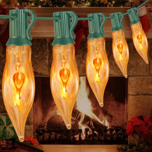 10Ft Christmas Flickering Flame String Lights with 11Pack Clear Glass Flame Light Bulbs, C18 E12 Base Flame Lights Christmas String Lights Indoor Outdoor Home Party Christmas Decorations-Green Wire