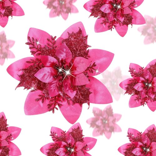 24 Christmas Glitter Artificial Poinsettia Flowers Xmas Poinsettia Artificial Wedding Flowers Decorations Xmas Tree Ornaments with Clips for Party Favors, 6 Inch, 4 Inch, 3 Inch (Fuchsia)