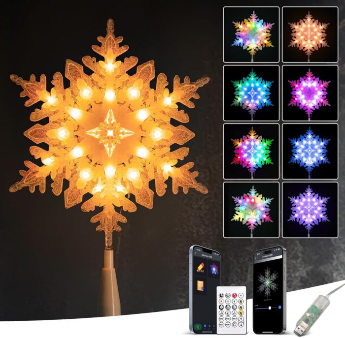 10” Smart Christmas Snowflake Tree Topper, 20 RGB LED Lights, 16 Mil. Colors Changing, Music Sync, Timer, Xmas Treetop Decorations