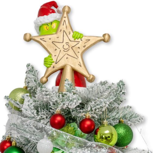 10 inch Christmas Tree Topper, Cute and Funny Christmas Thief Hiding Behind Gold Star Sculpted Tree Topper, Hand-Painted Unique Red Green Xmas Monster Decorations for Table Shelves Home Indoor