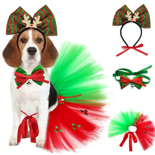 Christmas Dog Costume, 3Pcs Reindeer Outfit Elk Antlers Headband Puppy Tulle Skirt Bowtie Collar Red Green Dress Chrisrmas Dog Clothes For Medium Large Dogs Cats Headwear Cute Tutu Accessories