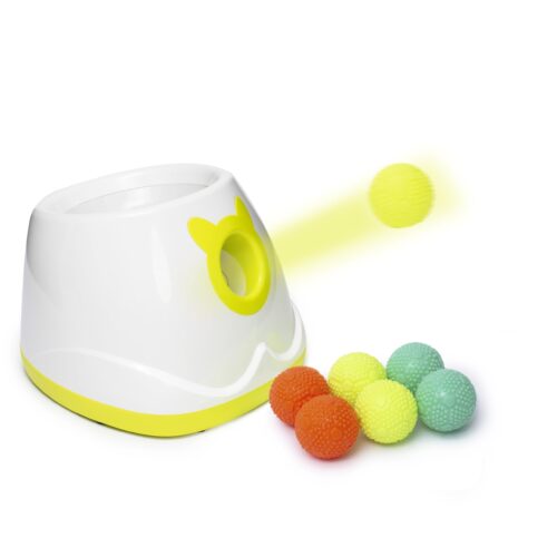 Automatic Ball Launcher, Including 6 Small Sized Latex Balls, Adjustable Launch Distance, Suitable For Small To Medium Sized Dogs (White)