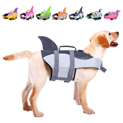 Asenku Dog Life Jacket Pet Life Safety Vest For Swimming Boating, Dog Shark Life Jackets Dog Lifesavers Swimsuits For Pool, Dog Water Floatation Vest For Small Medium Large Dogs, Gray, Large
