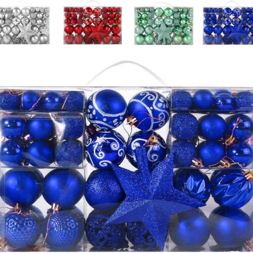 101 Piece Christmas Balls Ornaments Luxury Set Xmas Tree Topper and Hang Rope, Emopeak Christmas Baubles - Shatterproof Mini Holiday Balls for Christmas Decorations (Multi Size, Blue)