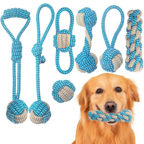7 Pack Puppy Rope Toys, Dog Rope Toys For Small Dogs, Dog Tug Rope, Puppy Teething Rope For Teeth Cleaning And Chewing, Keep The Dog From Being Bored, Variety Of Dog Cotton Rope Toys, Blue