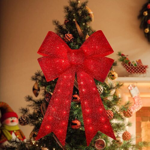 24 Inch Red Christmas Bows with LED Lights,40 Led Christmas Tree Decoration Wreath Bow Light,11 Function Christmas Bow Topper Light for Indoor Outdoor Christmas Decoration