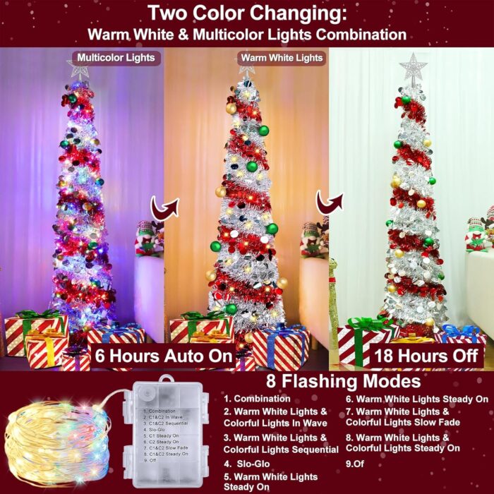 [ Remote Control & 8 Modes ] 6 Ft Lighted Slim Christmas Tree with Timer 100 Warm White & Multicolor Changing Lights Battery Powered Big 3D Star,Tinsel Pop Up Pencil Full Tree Holiday Xmas Decoration - Image 3
