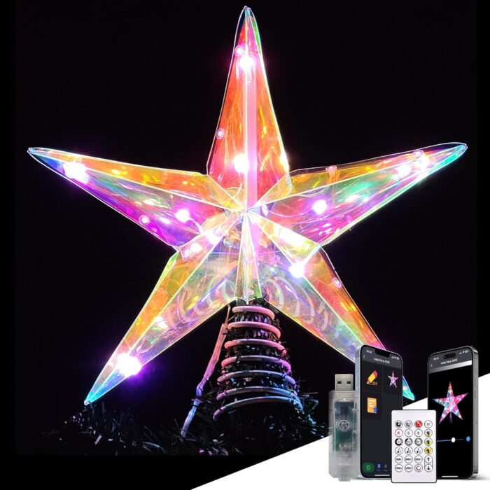 10” Smart Christmas Tree Topper Star, Iridescent Star with 10 RGB LED Lights, 16 Mil. Colors Changing, Music Sync, Timer, Xmas Treetop Decorations